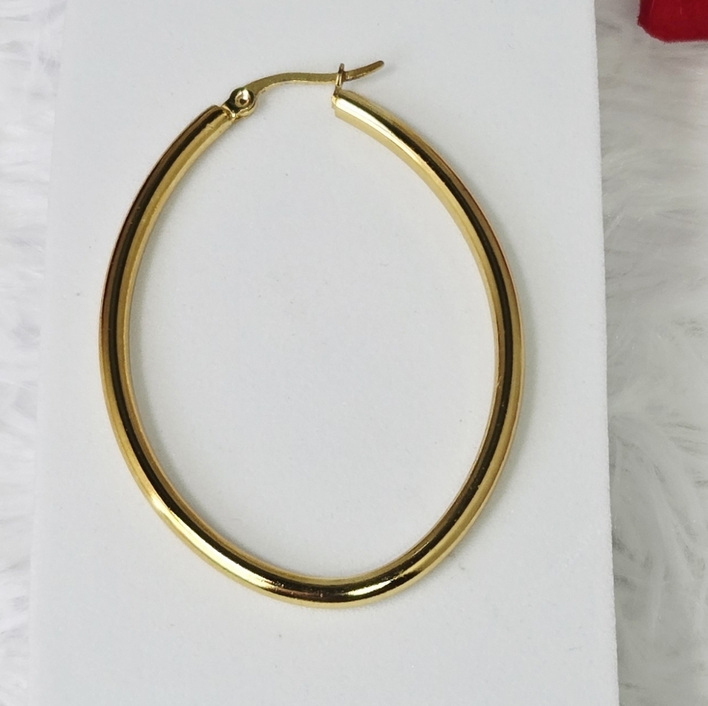 Chunky Gold Oval Hoop Earrings 40mm Stainless Steel Large Polished Hoops - Picture 3 of 5